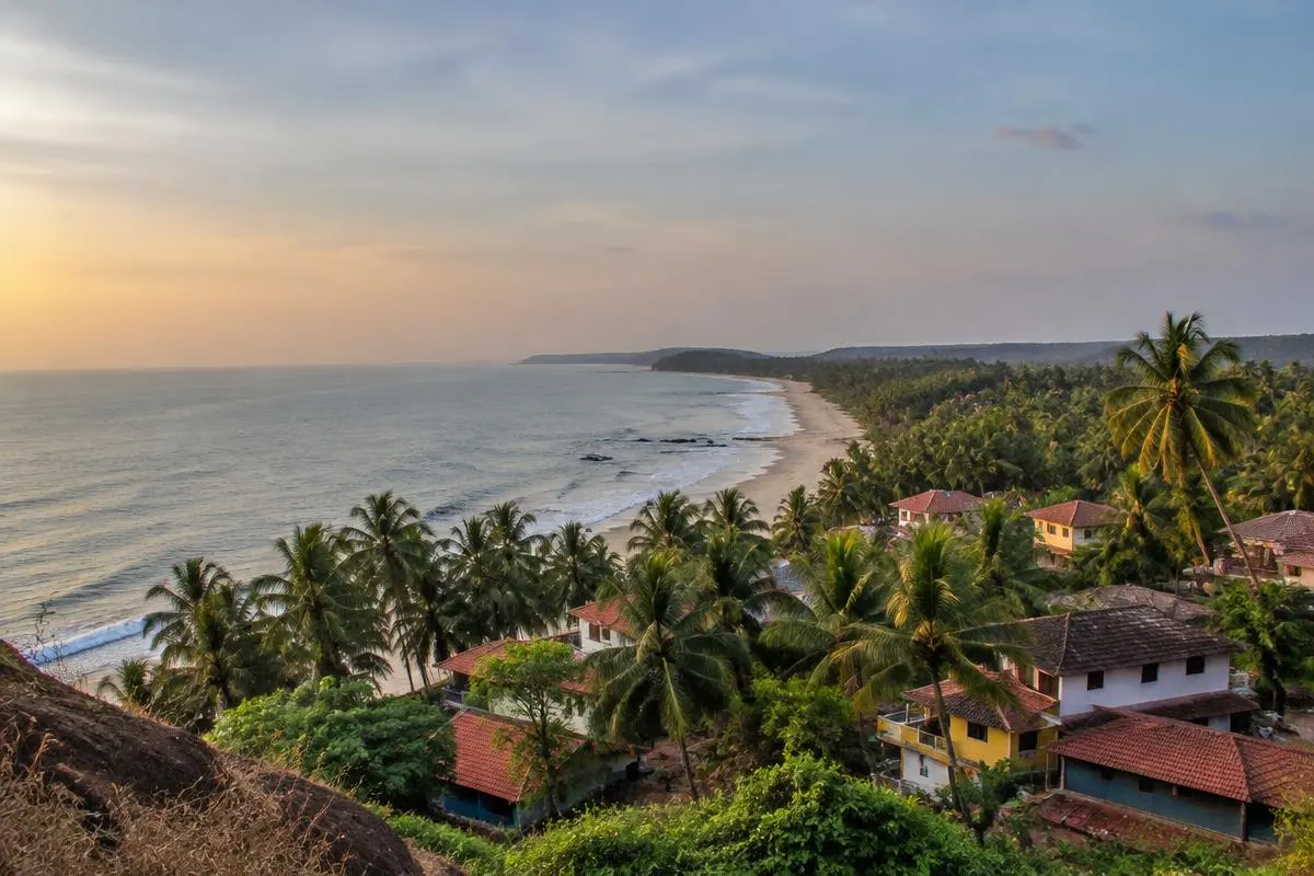 Palm-fringed North Goa coastline with village houses seen from a hillside