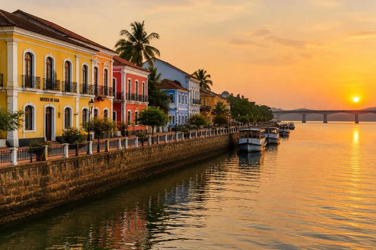 Colourful Portuguese-era buildings along the Mandovi riverfront in Panaji at sunset