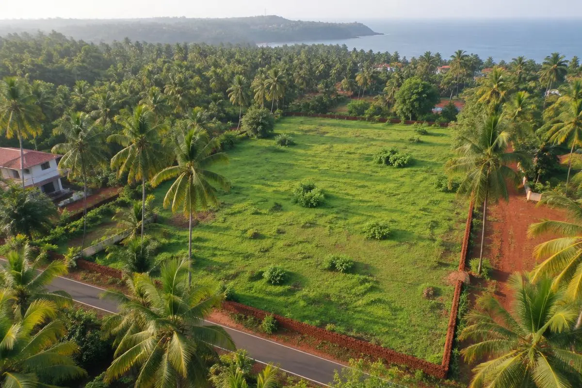 Aerial view of an open green plot bordered by coconut palms in Goa
